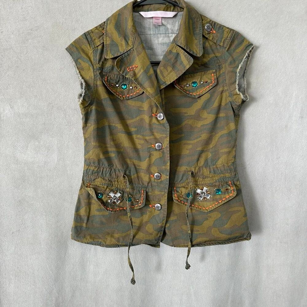 Y2k Victoria’s Secret Camp Jeweled RARE Button Down Shirt Camo Jacket XS BLING